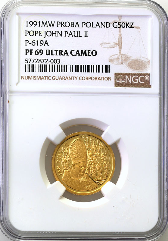 III RP. PRÓBA złoto 50.000 złotych 1991 Jan Paweł II Ołtarz NGC PF69 ULTRA CAMEO (2 MAX)